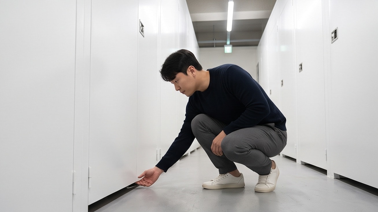 개인창고 계약 전 보관함 아래에 하부판이 있는지 몸을 낮춰 확인하는 모습