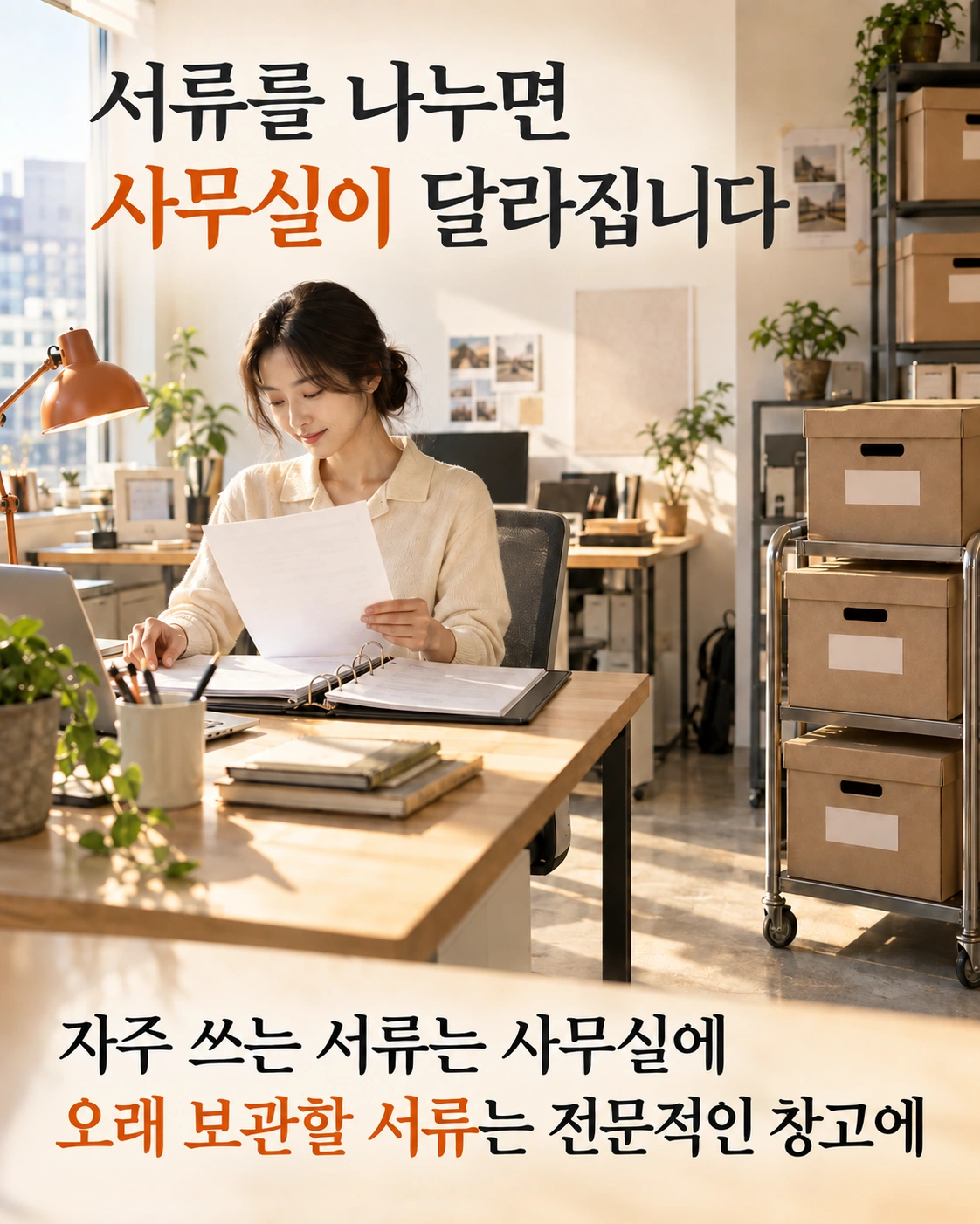 매일 쓰는 자료와 오래 보관할 서류를 나누는 장면