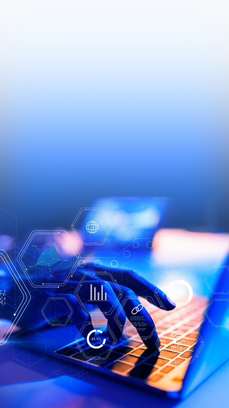 A hand touches the keyboard of a laptop around which various icons float.