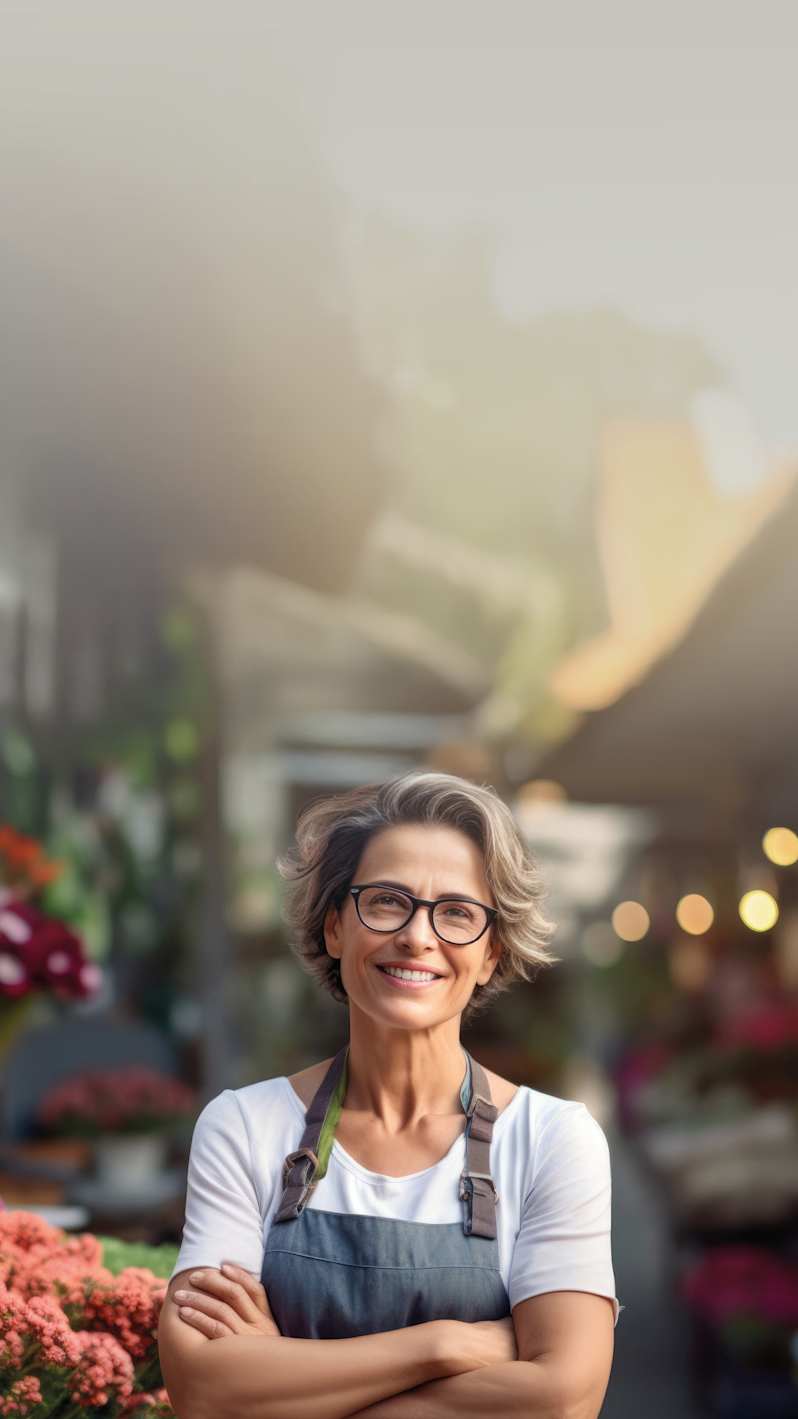 A smiling florist surrounded by colorful flowers.