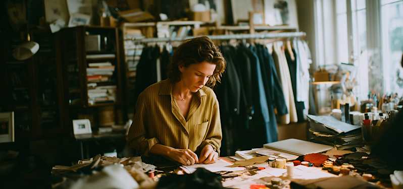 a young women in a clothing desiner studio.