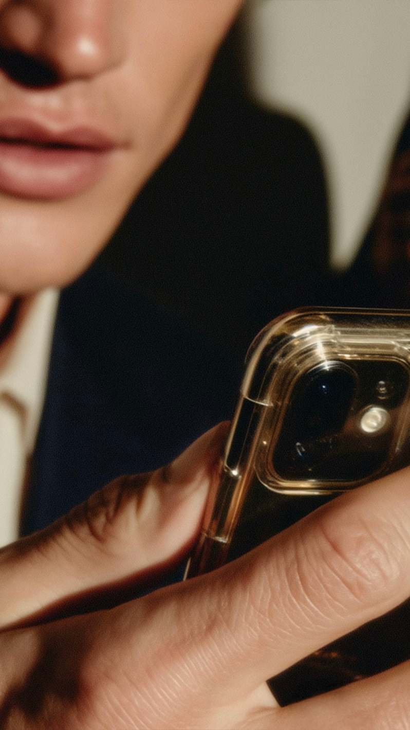 A younger man sits at a computer with a cell phone in his hand.