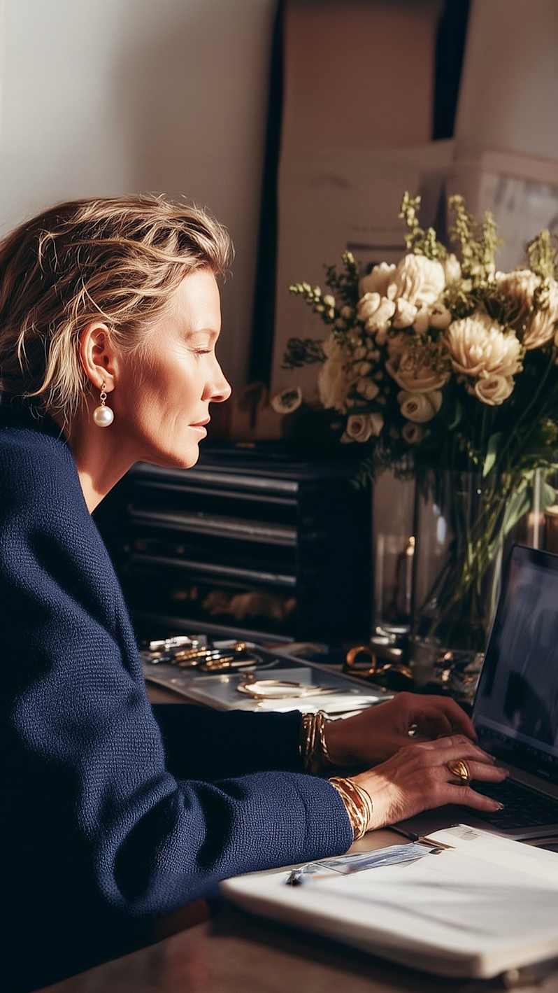 fashionable women sitting at the desk working