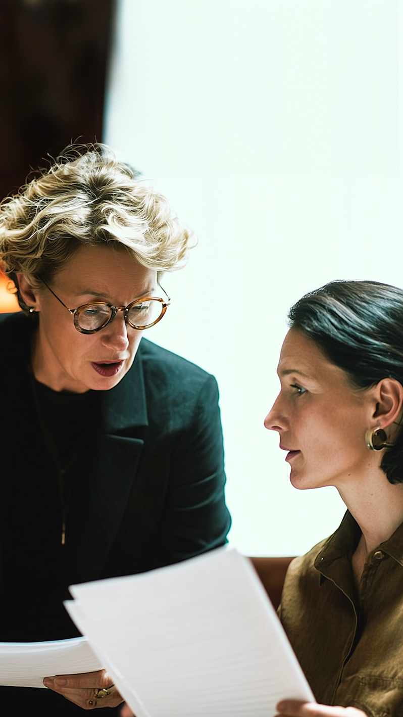 two business women in a discussion holding papers- 