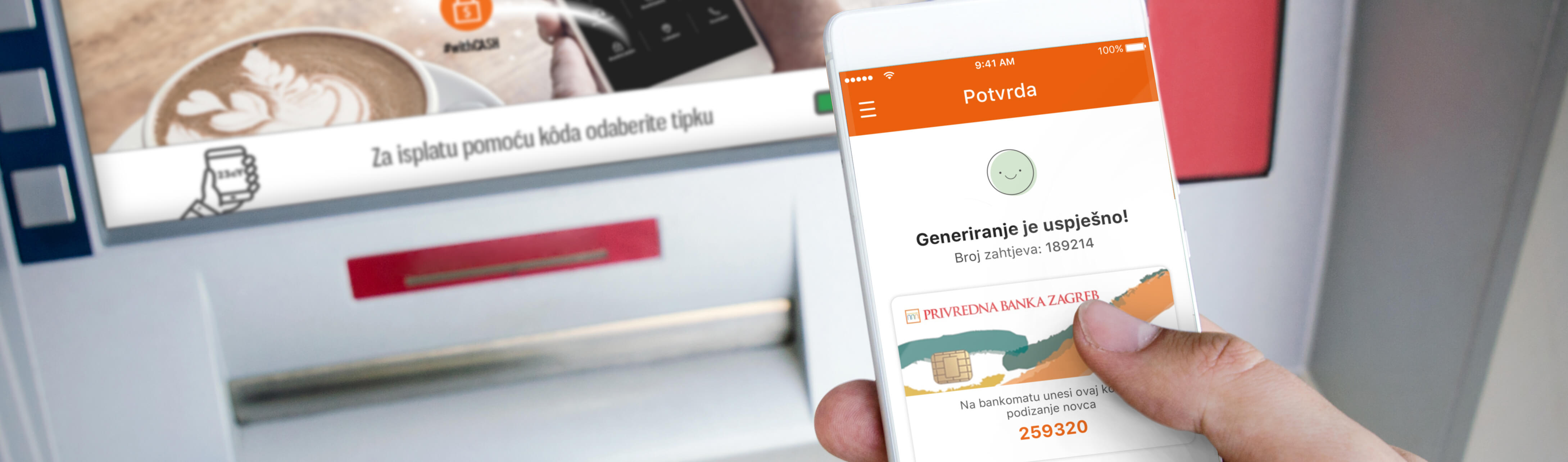 Mobile app screen with #withCASH one-time code generation.