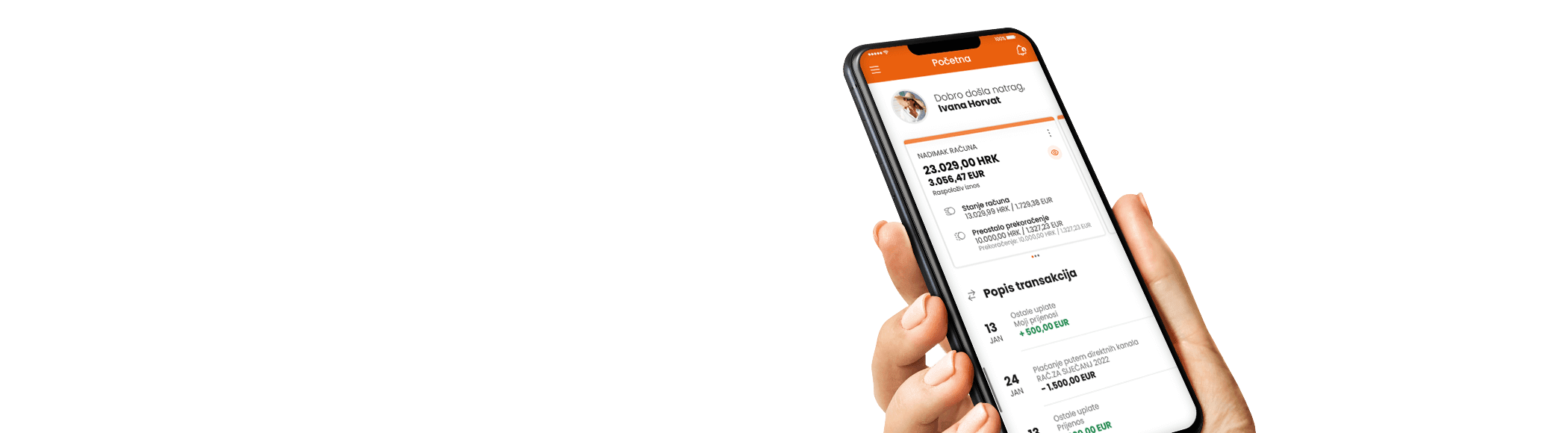 The dashborad of the PBZ digital banking mobile app with a display of the account balance.