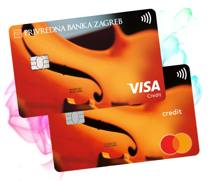 Two revolving credit cards with a violin design.