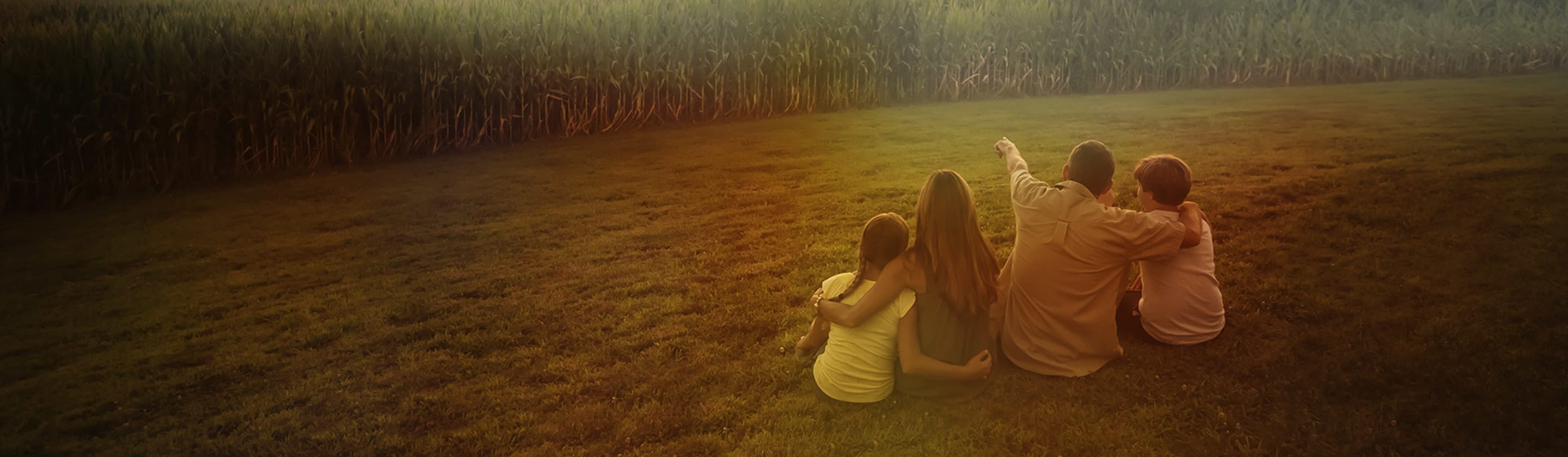 Parents and two children sit in a meadow and look at a cornfield.