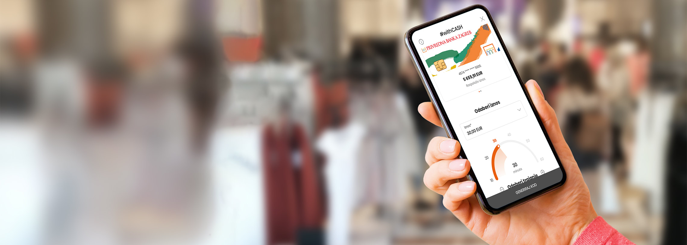 Mobile phone with #withCASH screen.