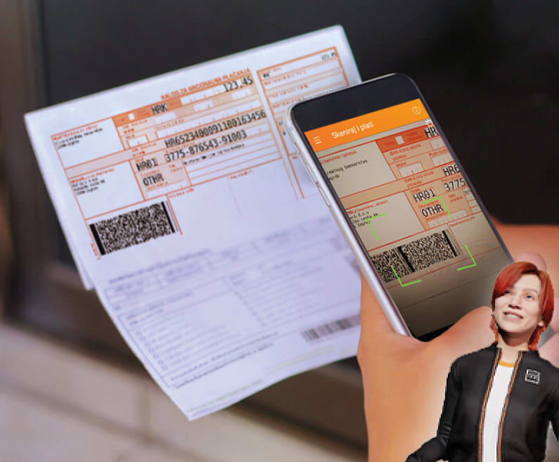 Mobile phone scans 2D barcode from payment slip.