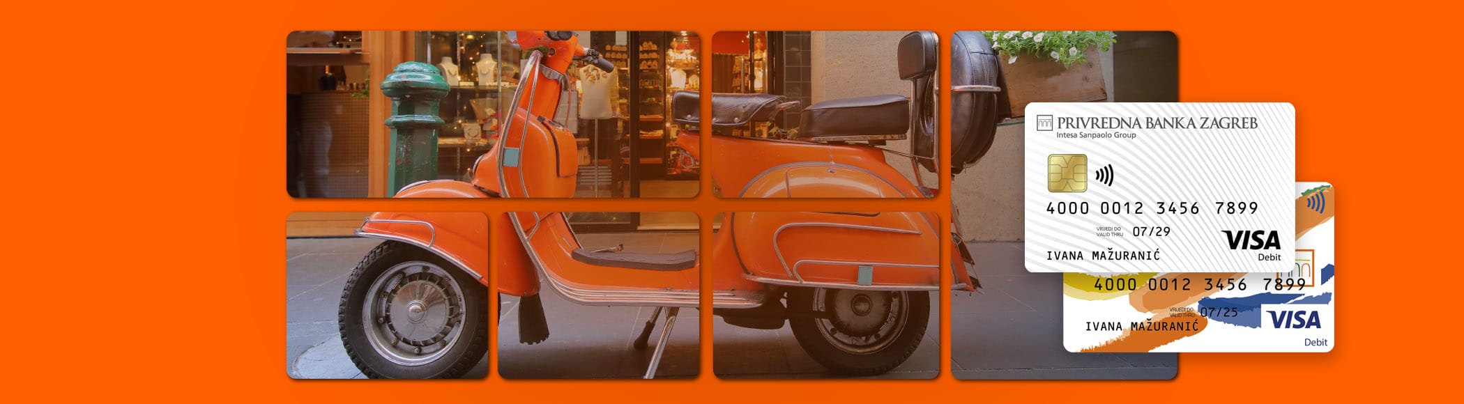 Orange Vespa on the street. New and old Visa Inspire card design next to a Vespa.