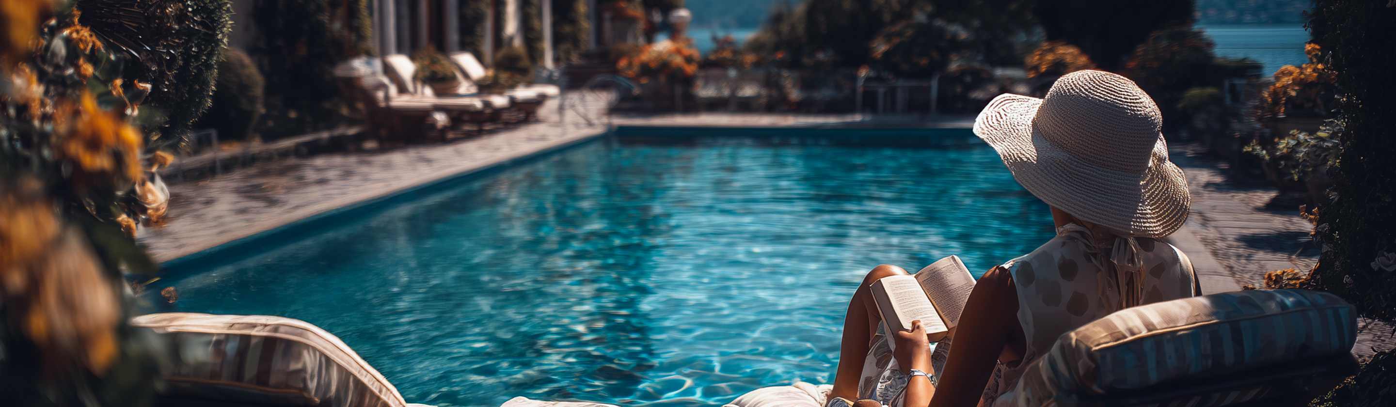 Žena sa šeširom pored bazena.