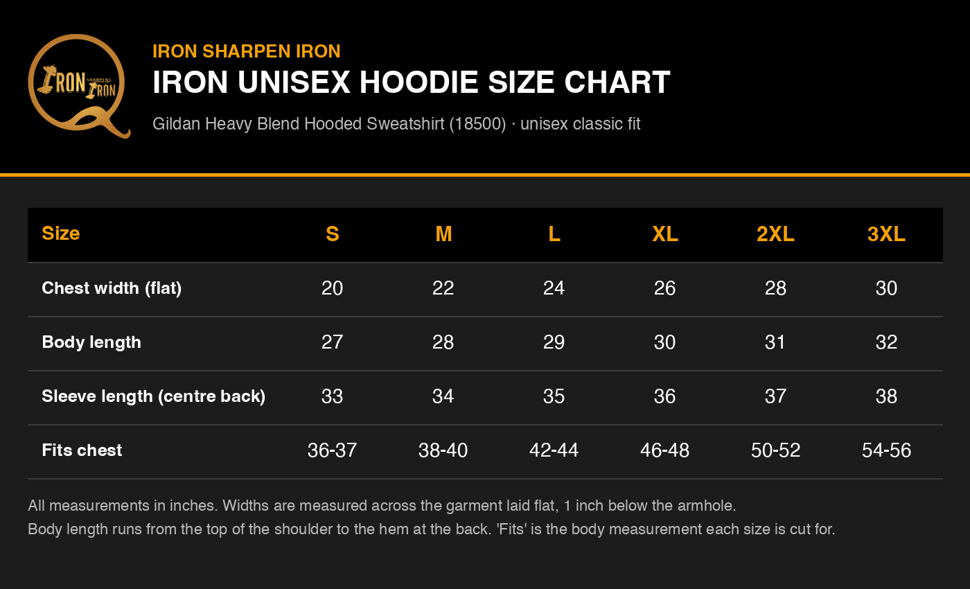 Iron Unisex Hoodie size chart