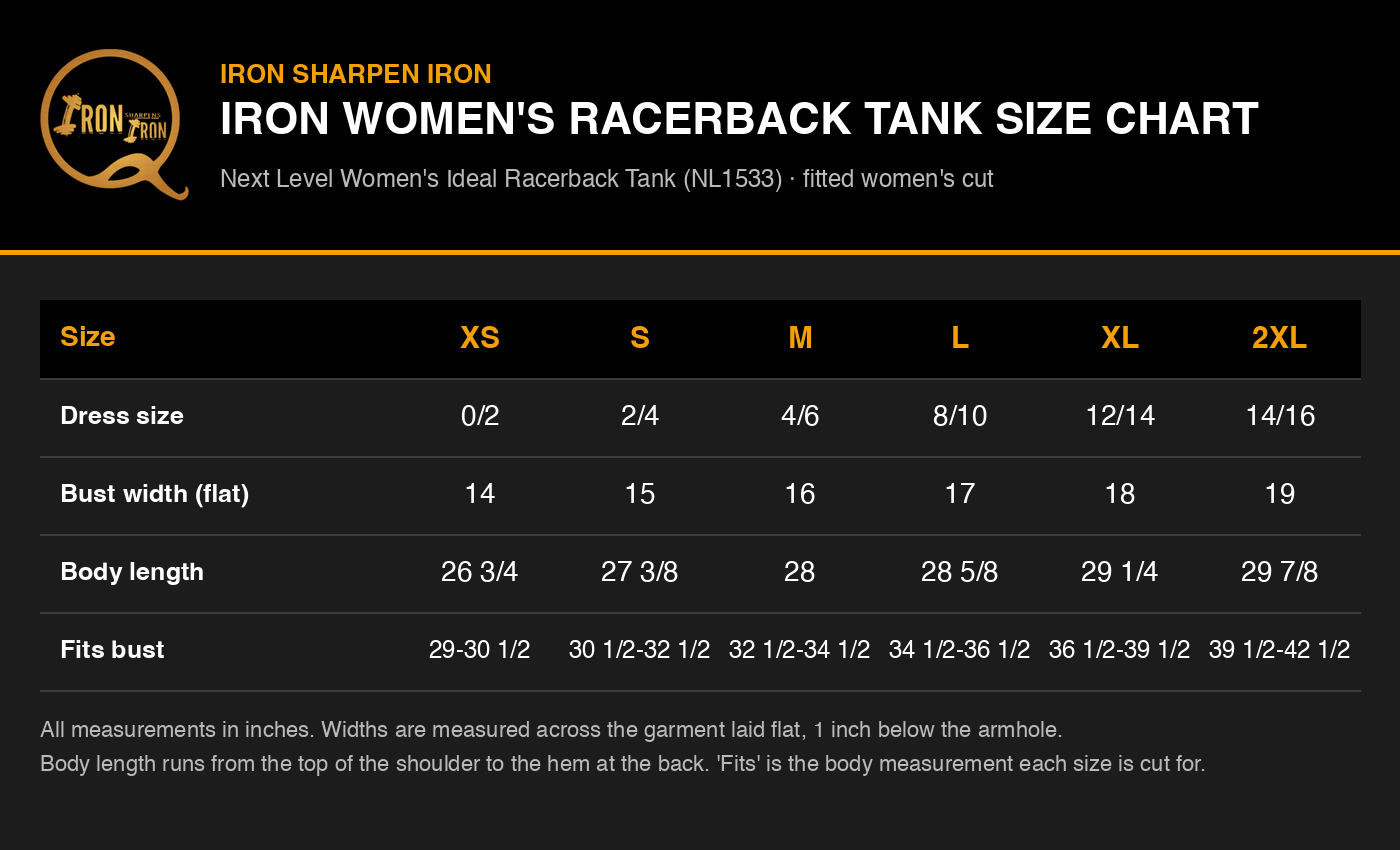 Iron Women's Racerback Tank size chart