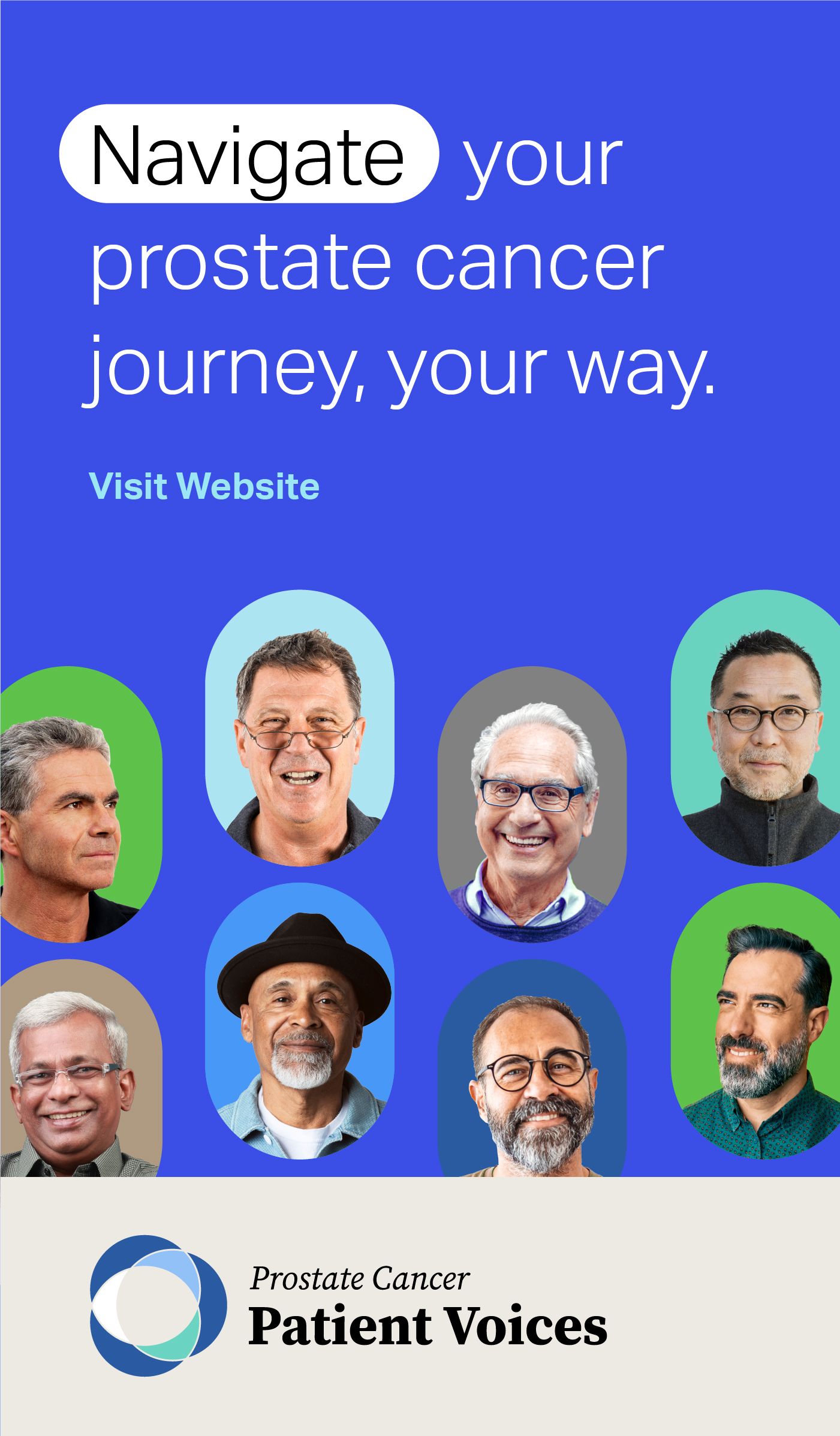 Prostate Cancer Patient Voices ad with logo and photos of men's faces