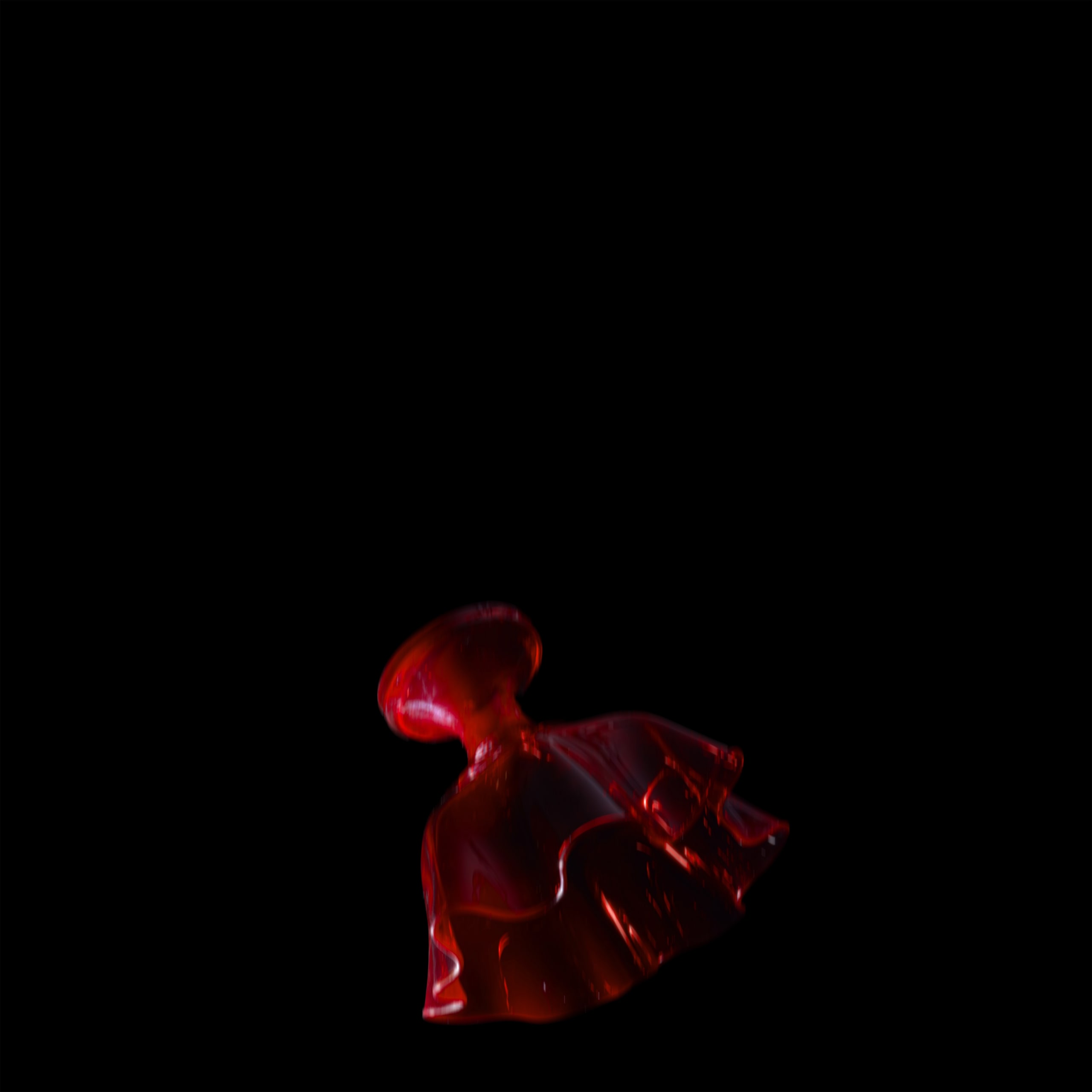 A rippled blood-red glass form glowing in near darkness