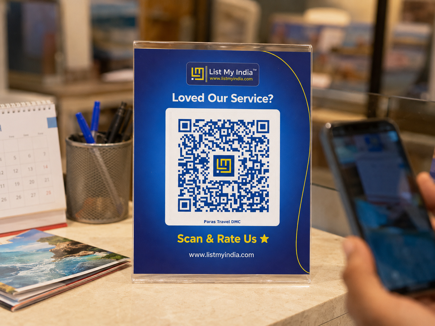 List My India QR code review sticker mockup for small businesses