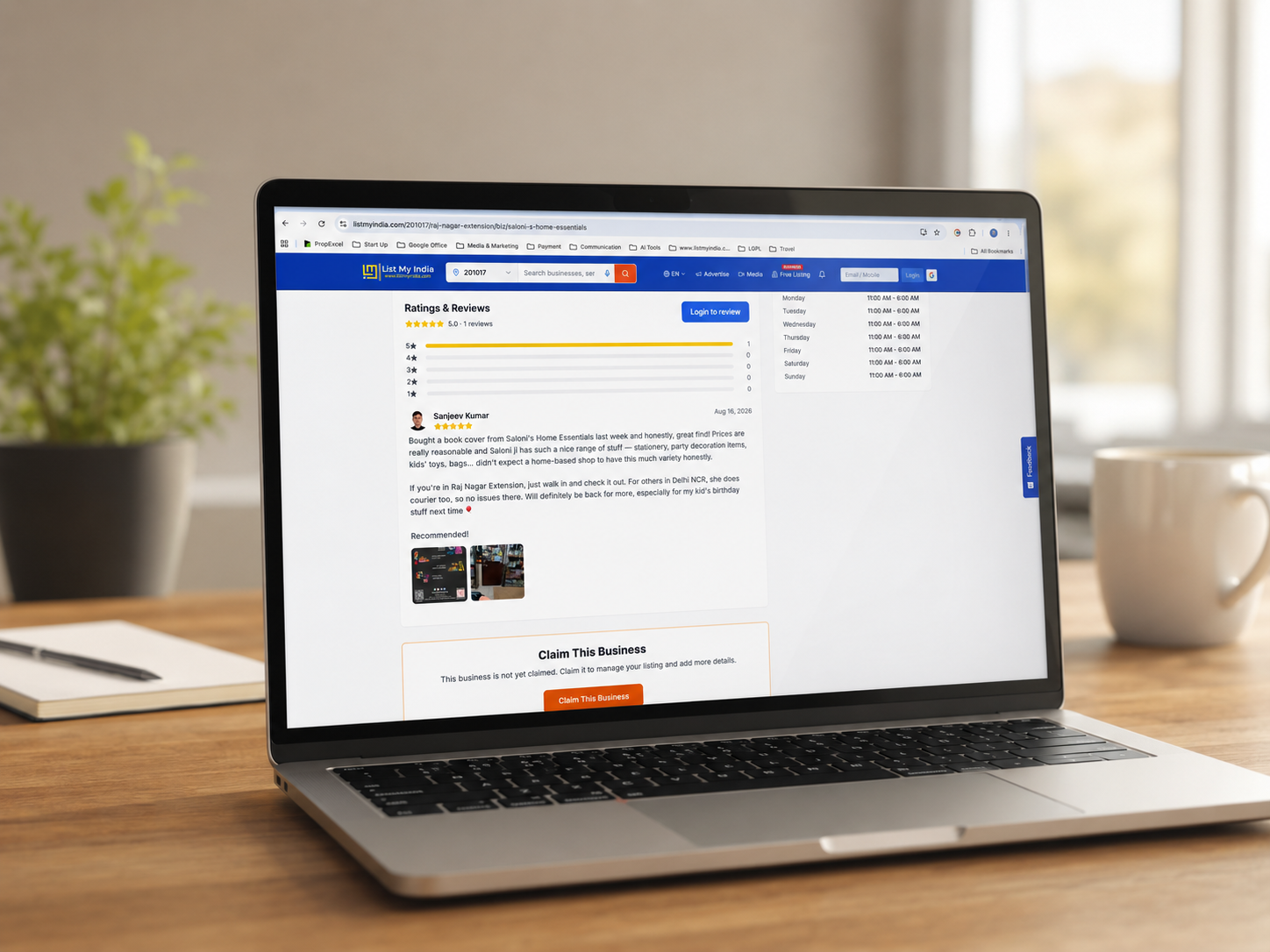 List My India Ratings and Reviews feature live, shown on laptop with a real business review