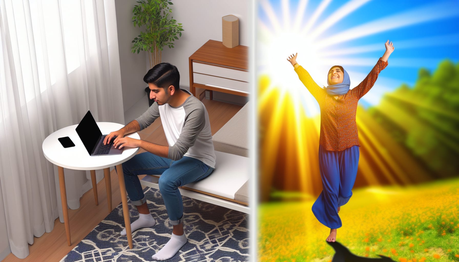 Balanced lifestyle imagery combining digital use and real-world activities.