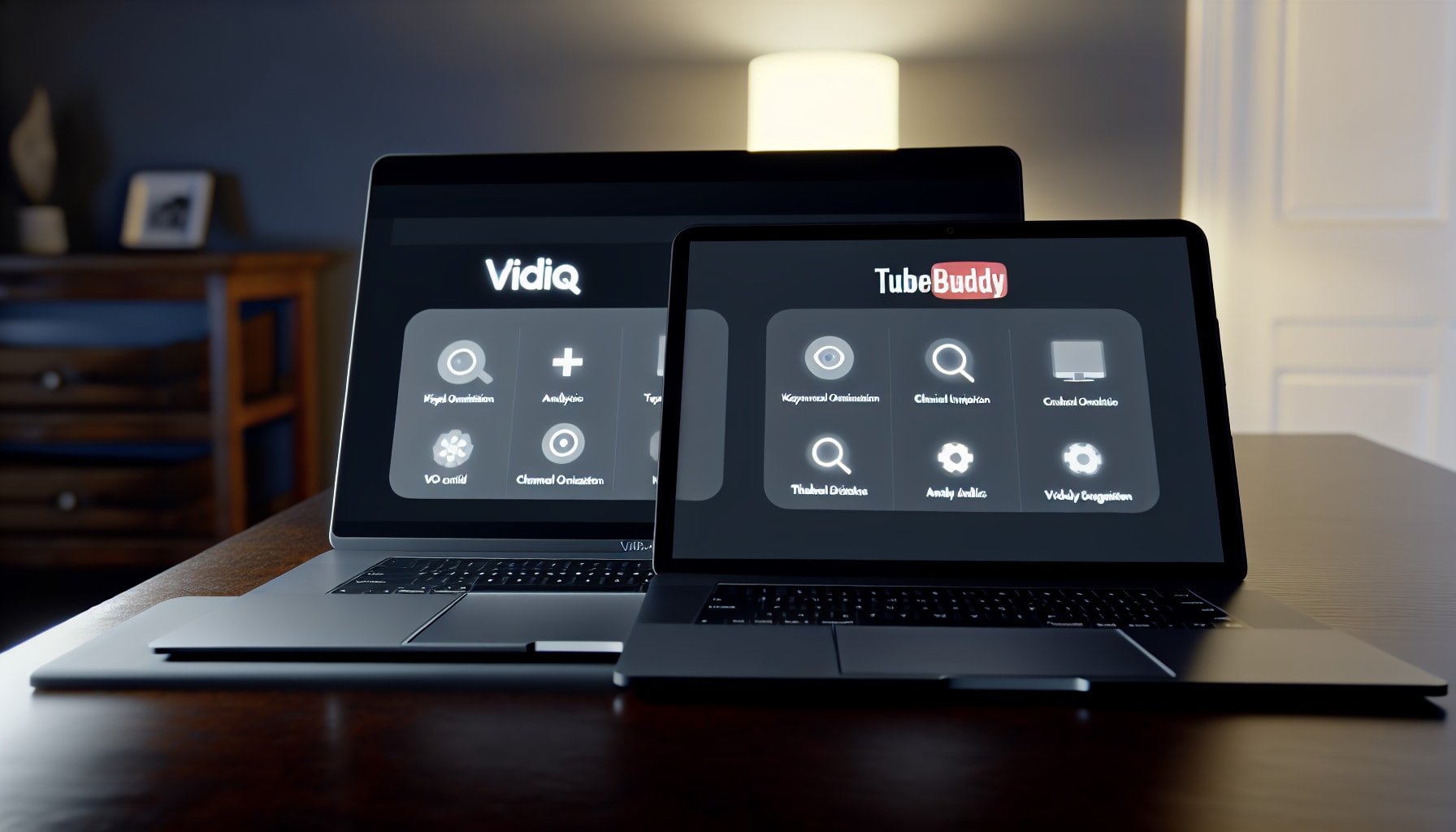 Comparison of VidIQ and TubeBuddy features on laptop screens