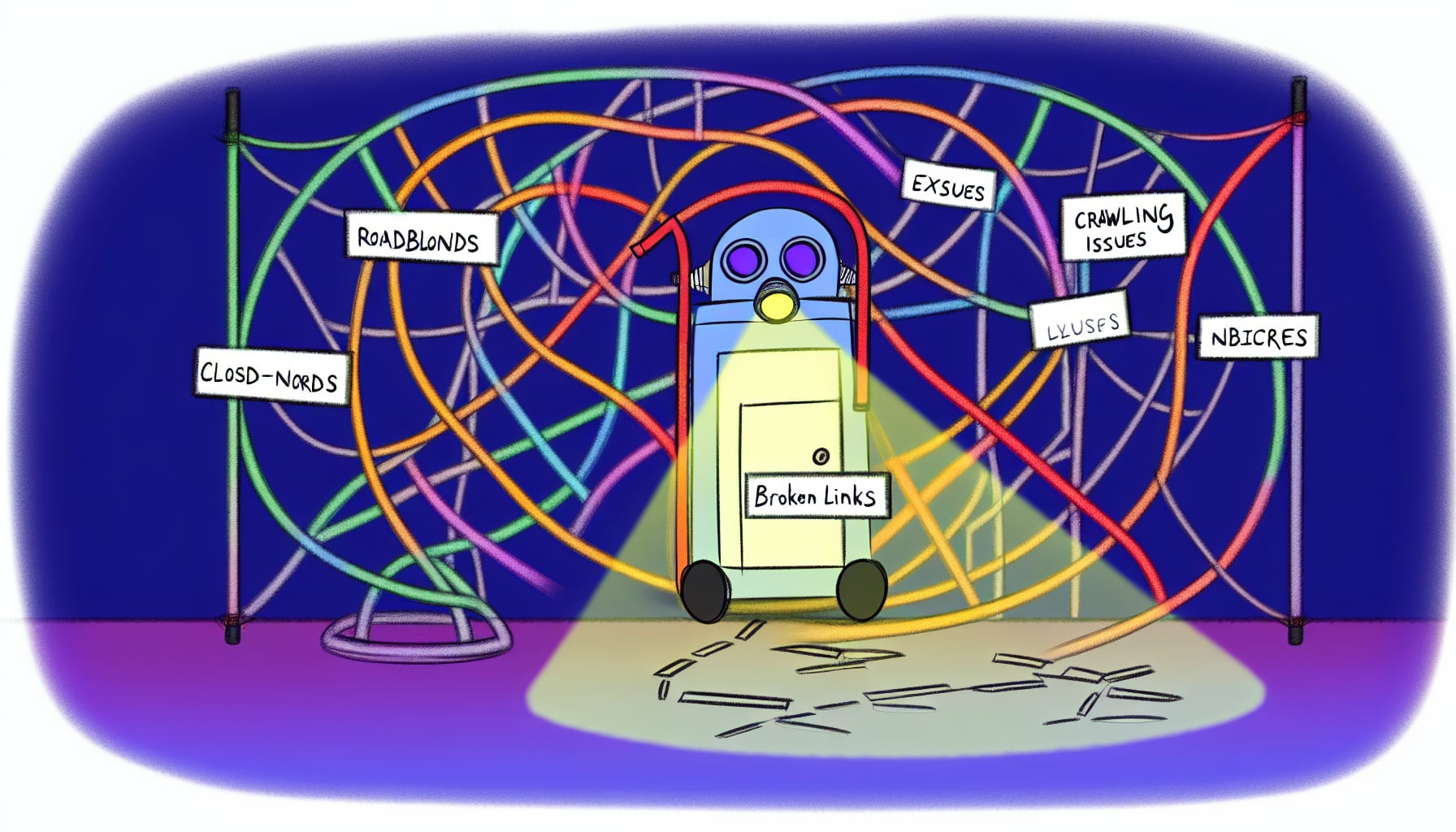 Illustration of a search engine bot crawling a website, encountering roadblocks like 'noindex' tags and robots.txt files.