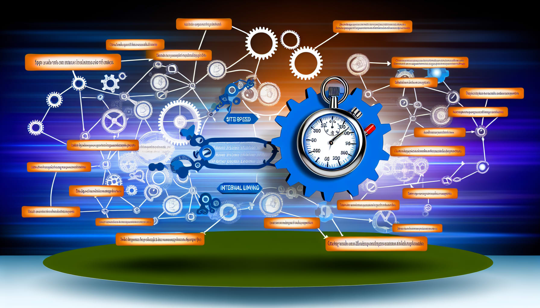 Diagram showing interconnected technical SEO elements like site speed, mobile-friendliness, security (HTTPS), and internal linking structure.