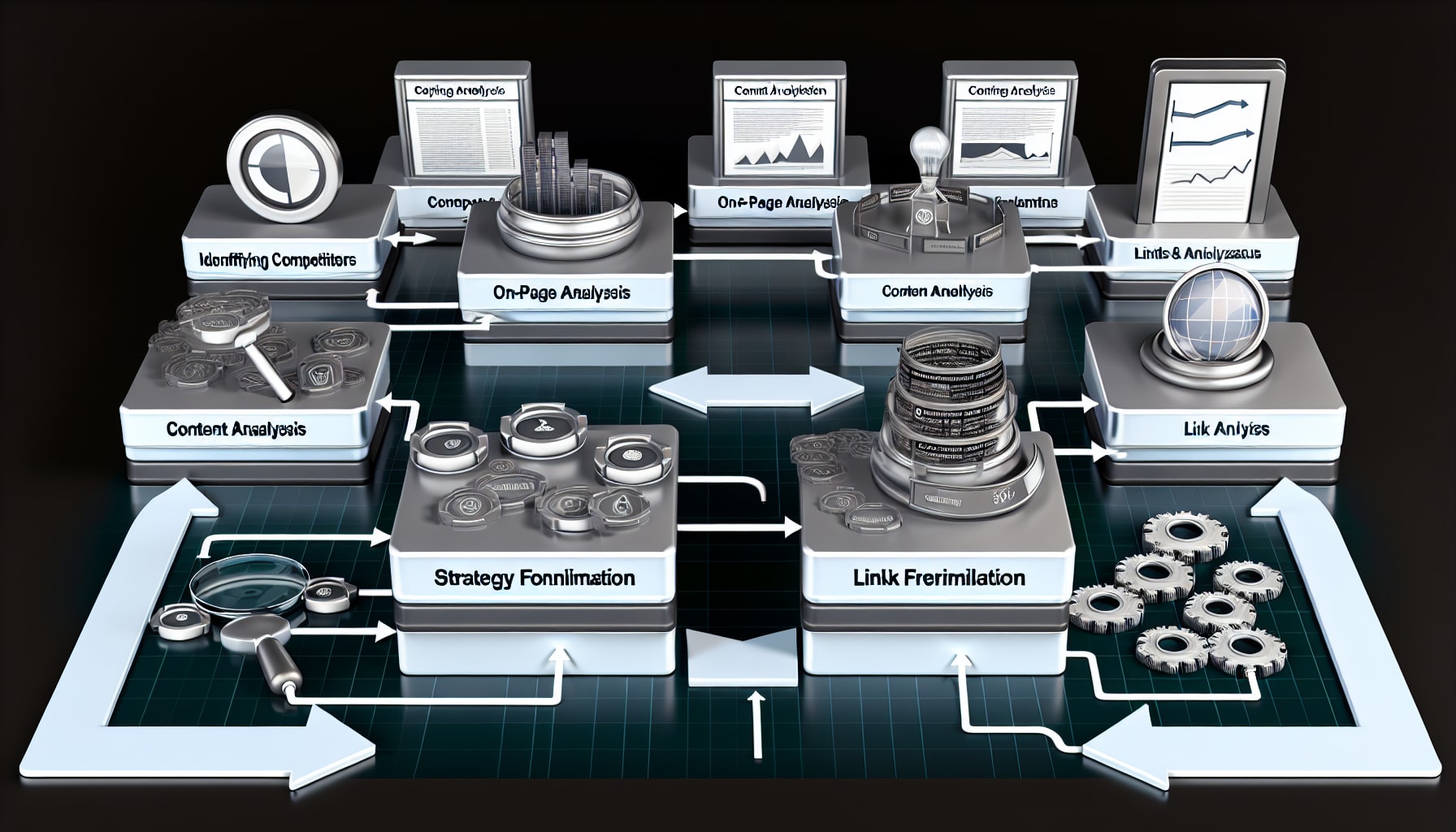 A flowchart showing an iterative SEO process: keyword research, competitor analysis, content creation, content update, and link building.