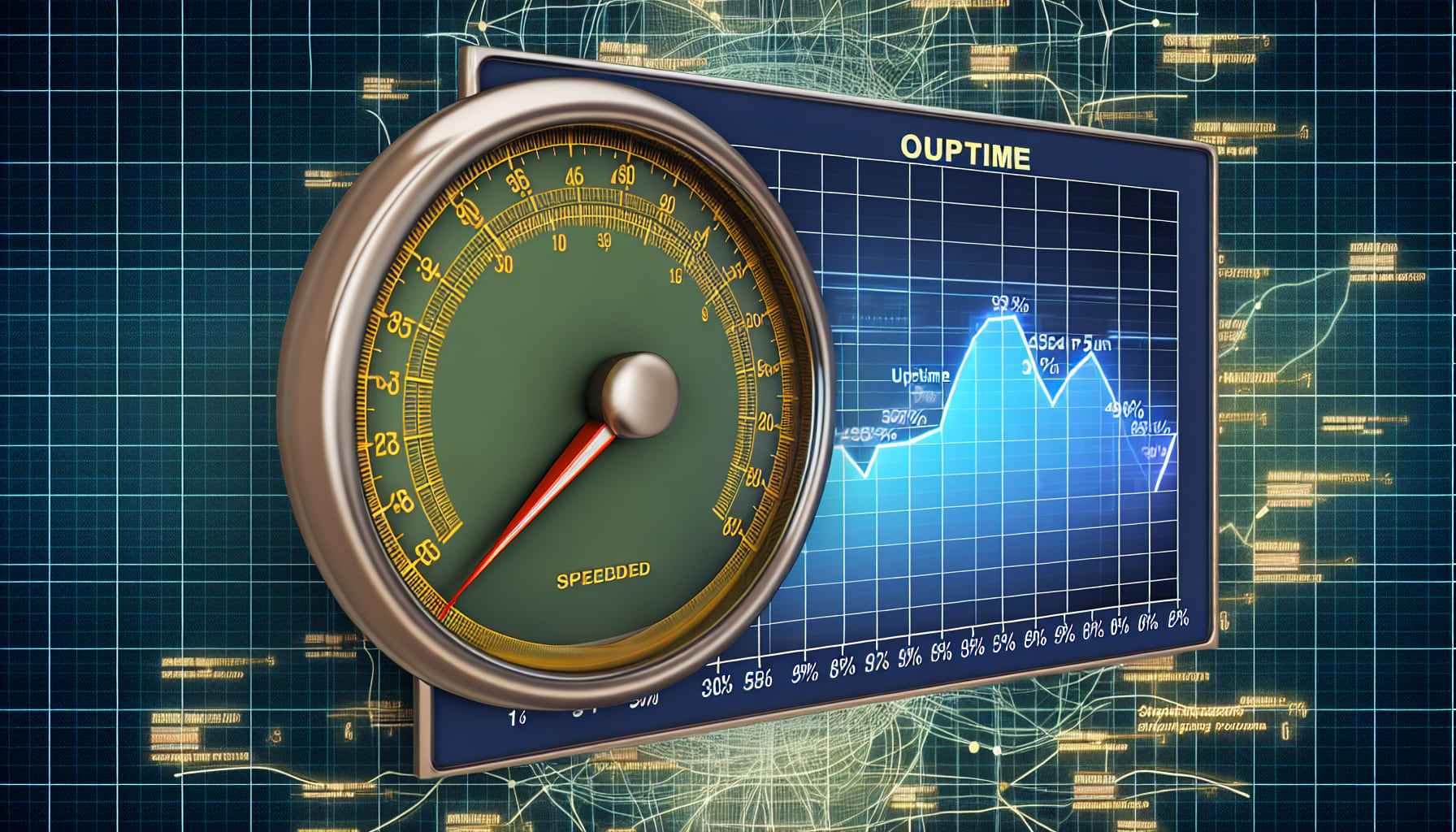Speedometer and uptime graph illustrating hosting performance