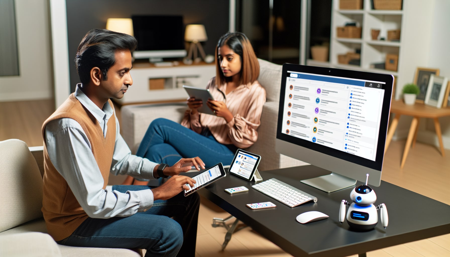 Person using AI chatbot and search engines on multiple devices