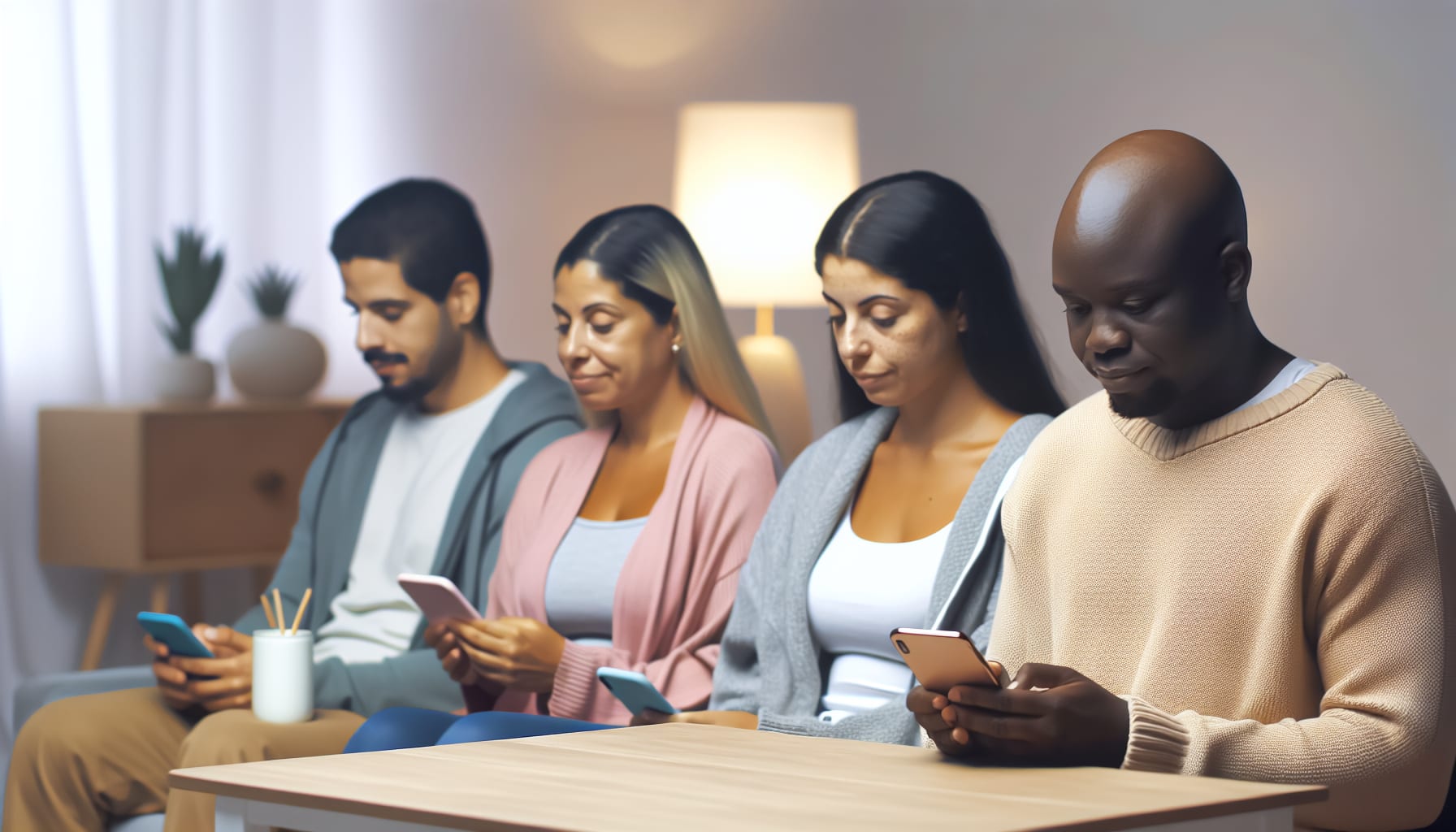 Calm environment with people interacting with AI therapy apps