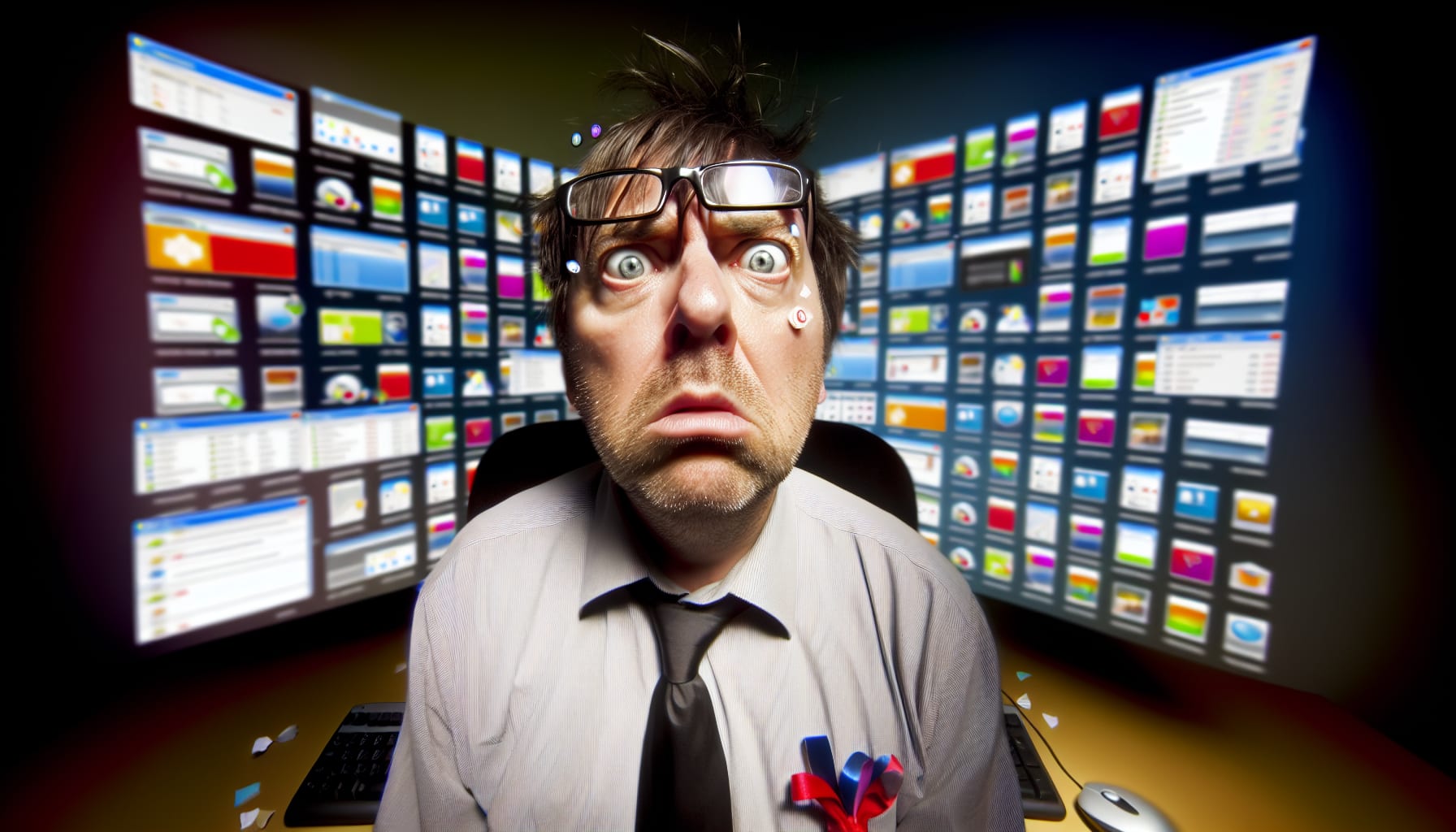 Confused professional overwhelmed by multiple digital tools on screen.