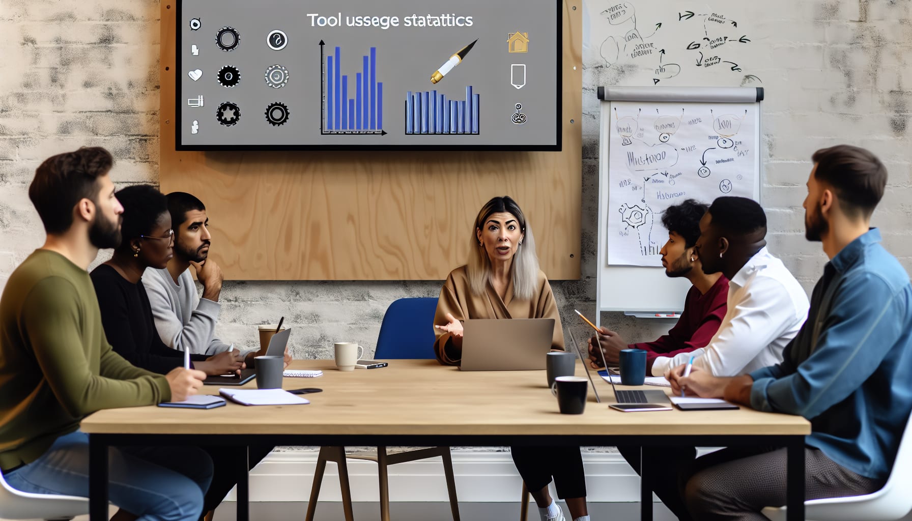 Team meeting discussing tool usage and collaboration strategies.