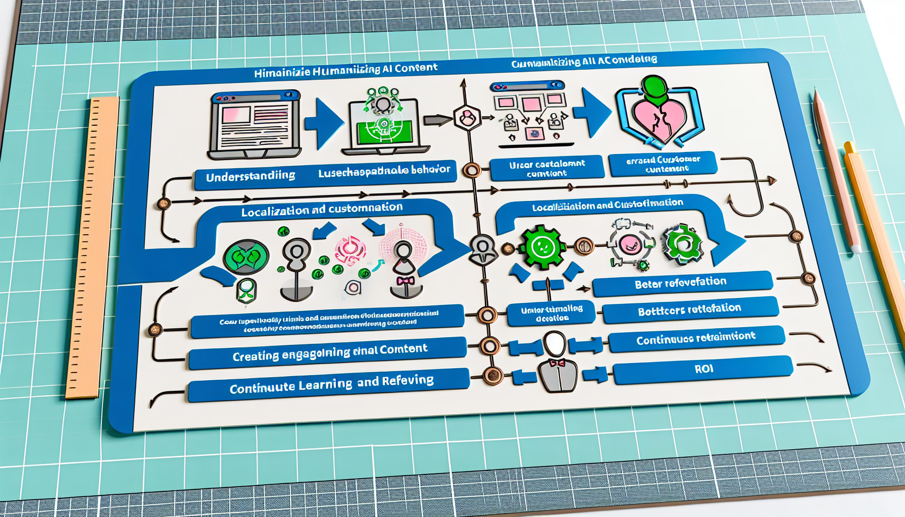 Flowchart of AI content humanization process and benefits