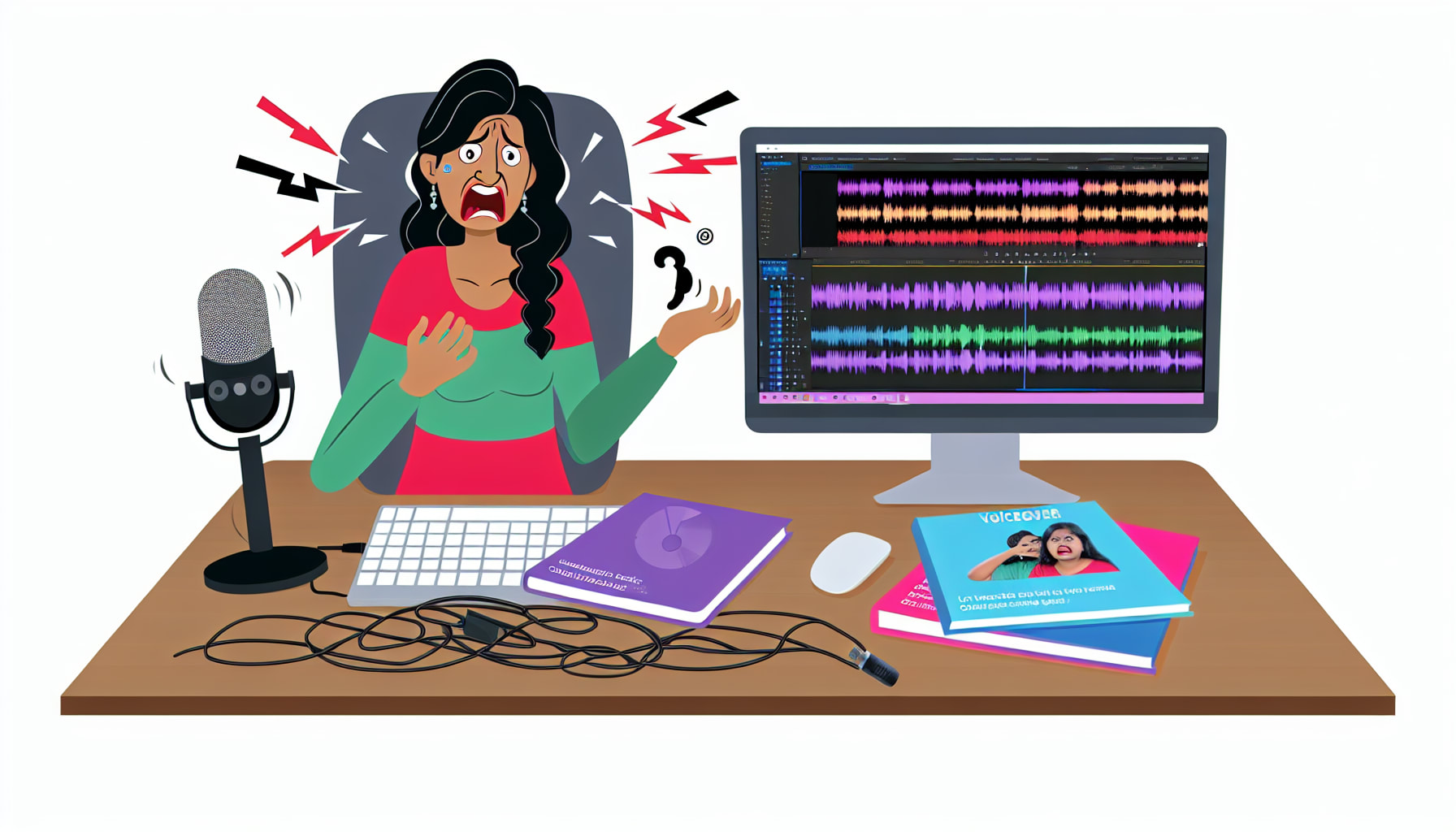 Frustrated content creator struggling with voiceover and video editing