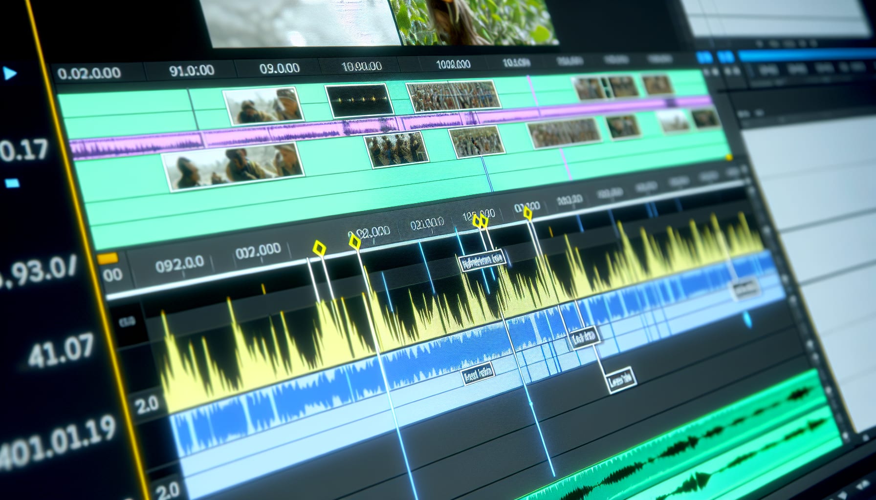 Video editing timeline with highlighted key sections and transitions