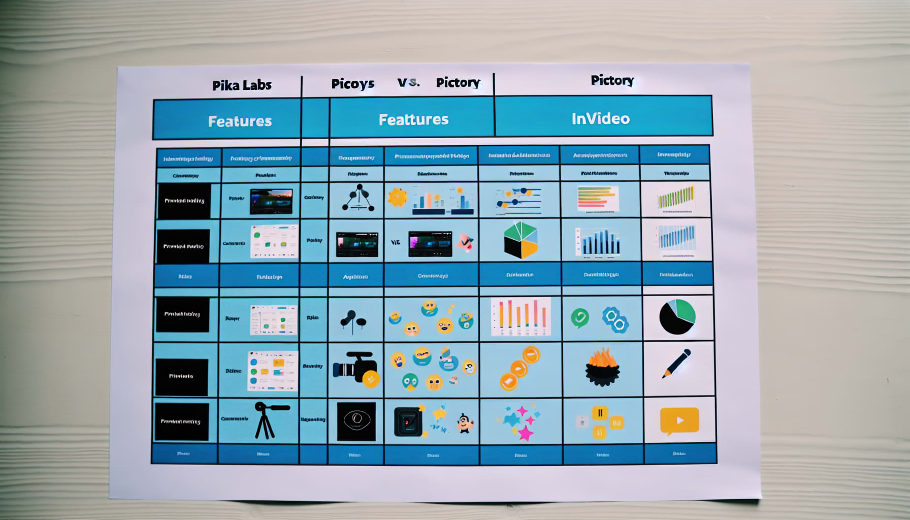 Comparison chart of Pika Labs, Pictory, and InVideo features
