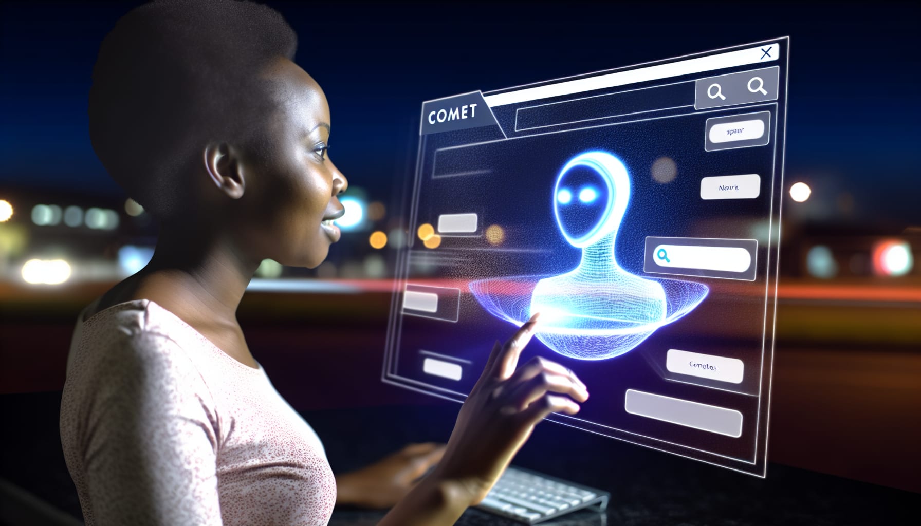 A user is shown interacting with the Comet browser's AI assistant, which is displayed in a sidebar, providing summaries and answering questions about the webpage content.