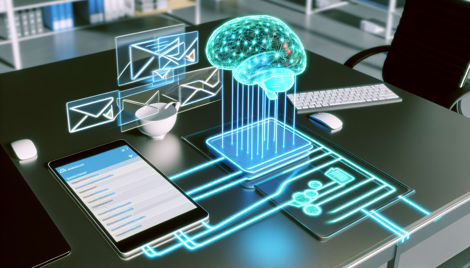 A visual representation of AI automating office tasks, showing icons for email, calendar, and document management being managed by a central AI brain.