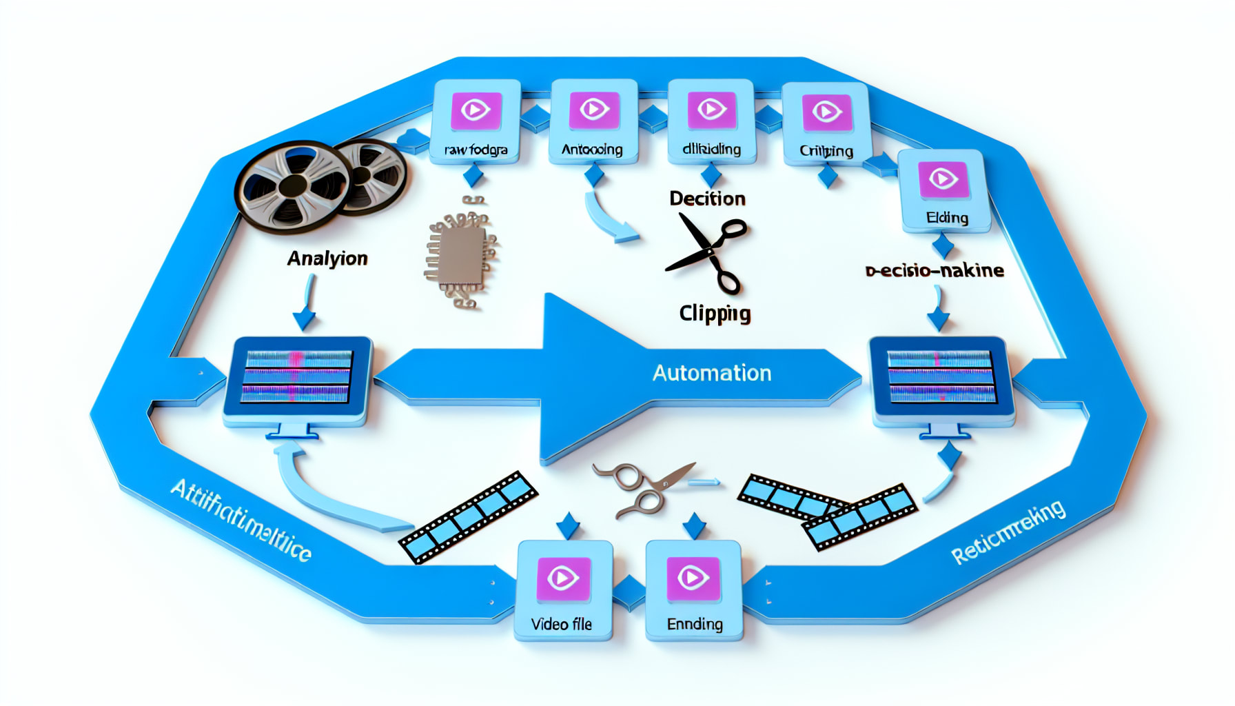 Diagram showing AI automating video clipping and editing process
