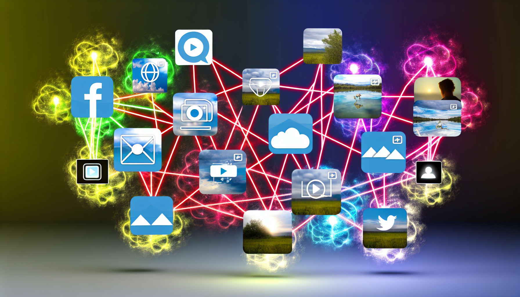 Social media icons connected with video clips representing multi-platform sharing