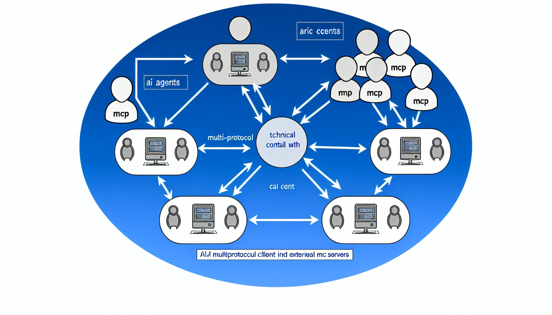Diagram showing MCP client connecting AI agents to external MCP servers