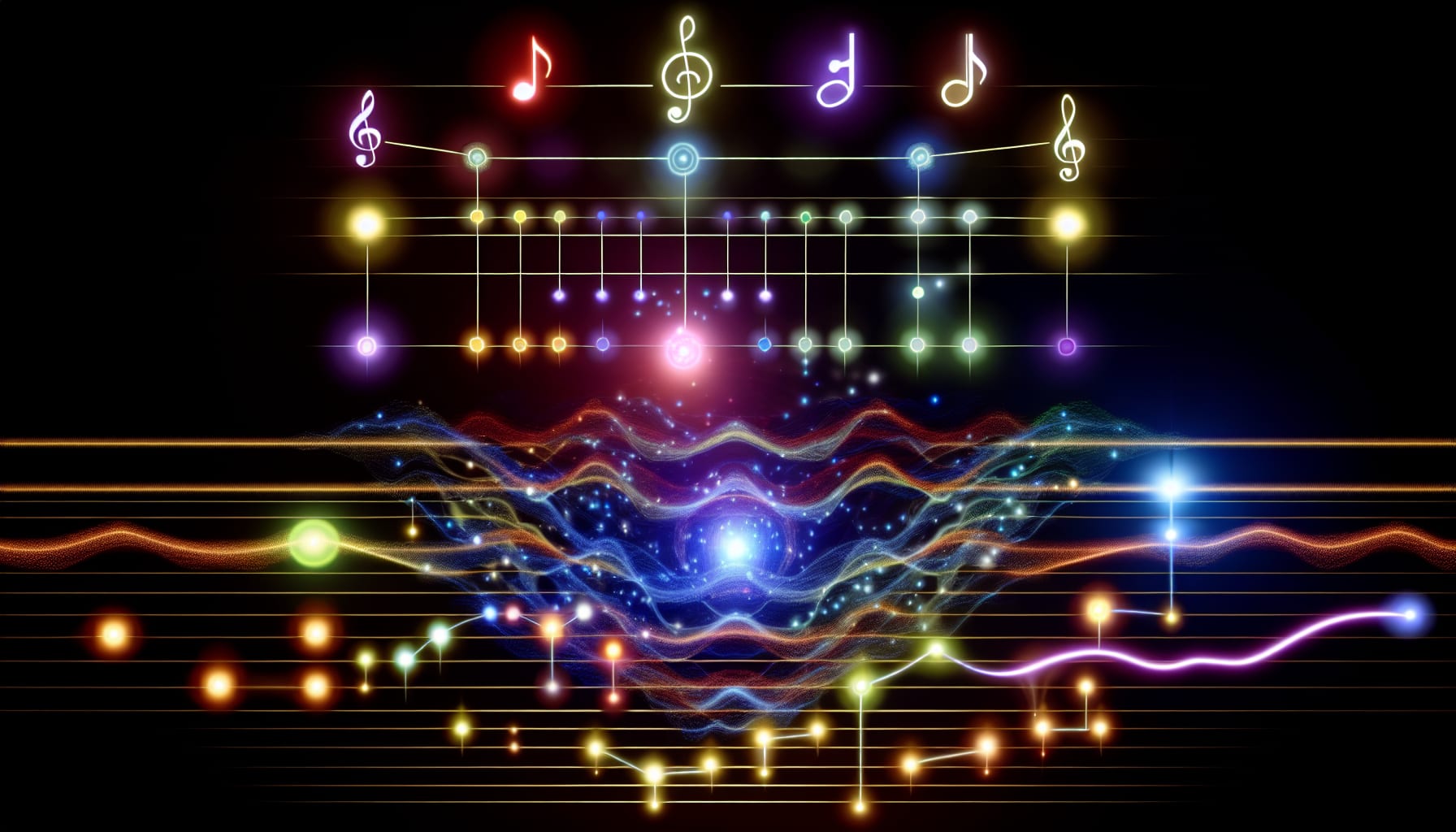 Visualization of AI algorithms composing music from user inputs.