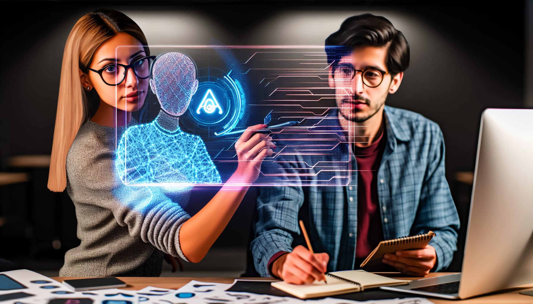 Illustration of AI and designers collaborating on logo creation