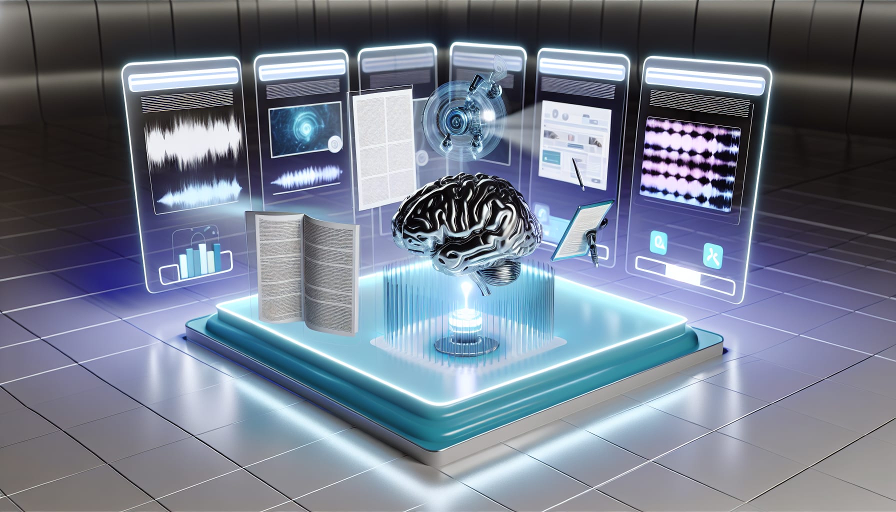 Visualization of an AI generating content, scheduling it, and ensuring brand consistency across different platforms