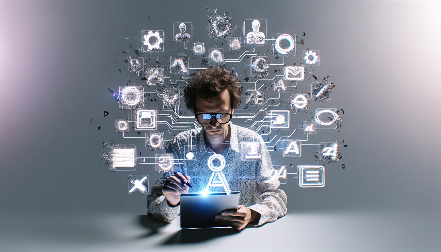 An illustration showing various AI tools as helping hands, assisting a digital creator with scriptwriting, video editing, and graphic design.