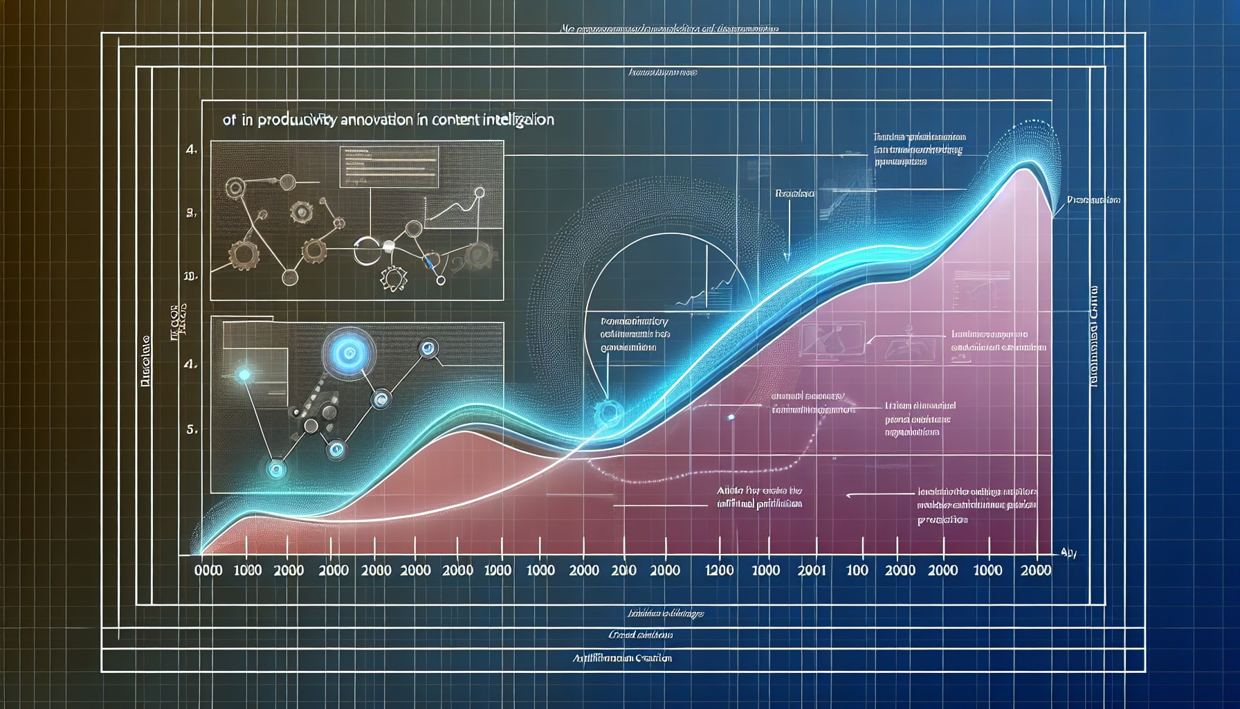 A graph showing a steep upward trend, labeled 'Productivity' and 'Innovation,' with AI icons along the curve, symbolizing AI's impact on content creation.