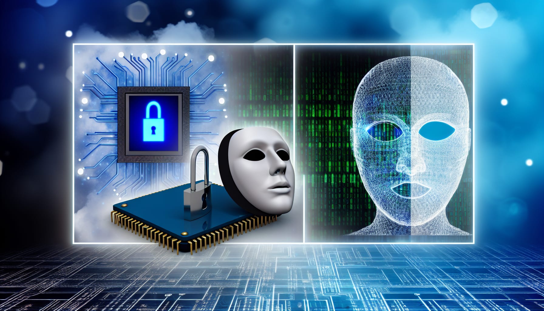 A conceptual image showing a digital creator facing a maze of icons representing authenticity (a checkmark), privacy (a lock), and copyright (a © symbol).