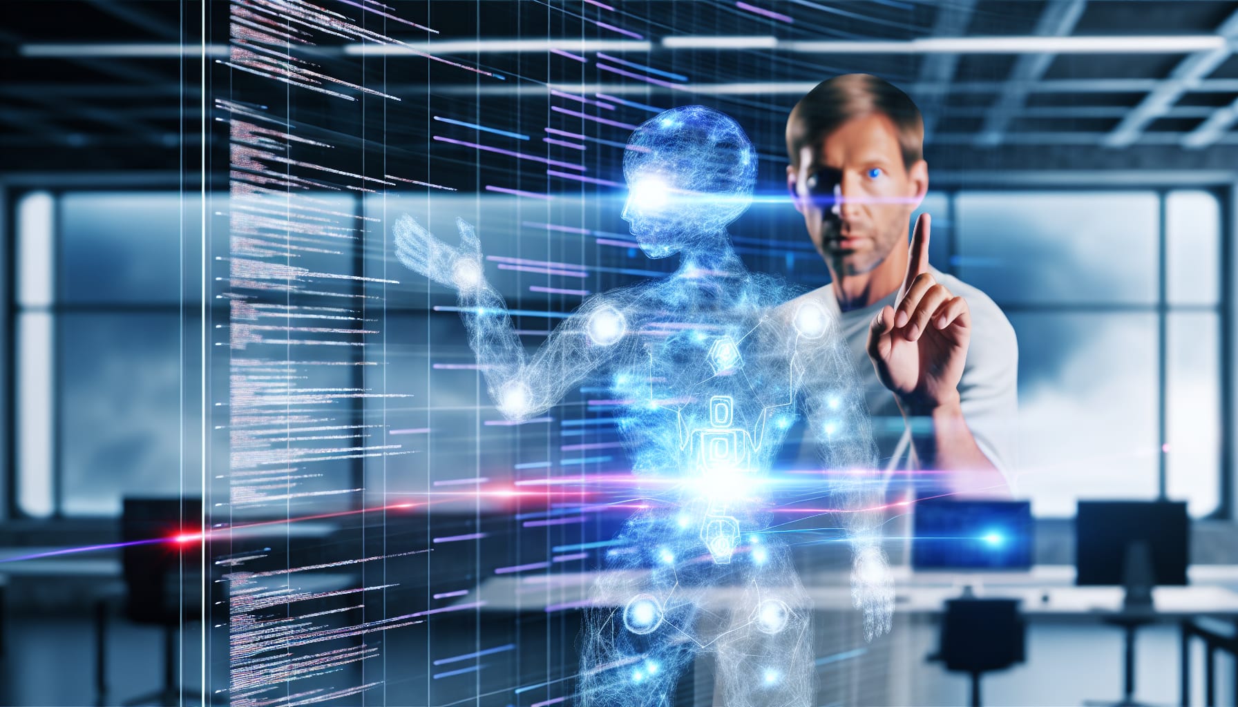 A futuristic image depicting a human creator and a robot collaborator working together on a holographic interface, symbolizing a new era of digital creation.