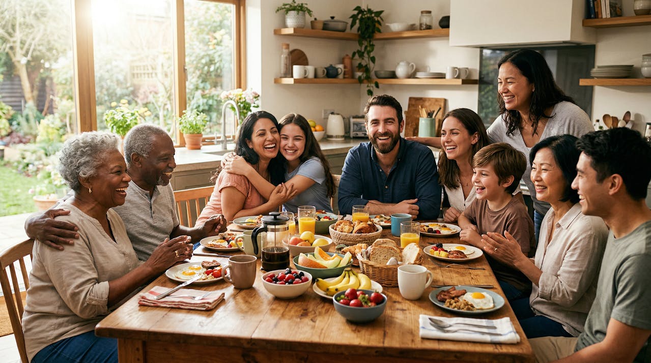 Família reunida ao redor de uma mesa, celebrando juntos
