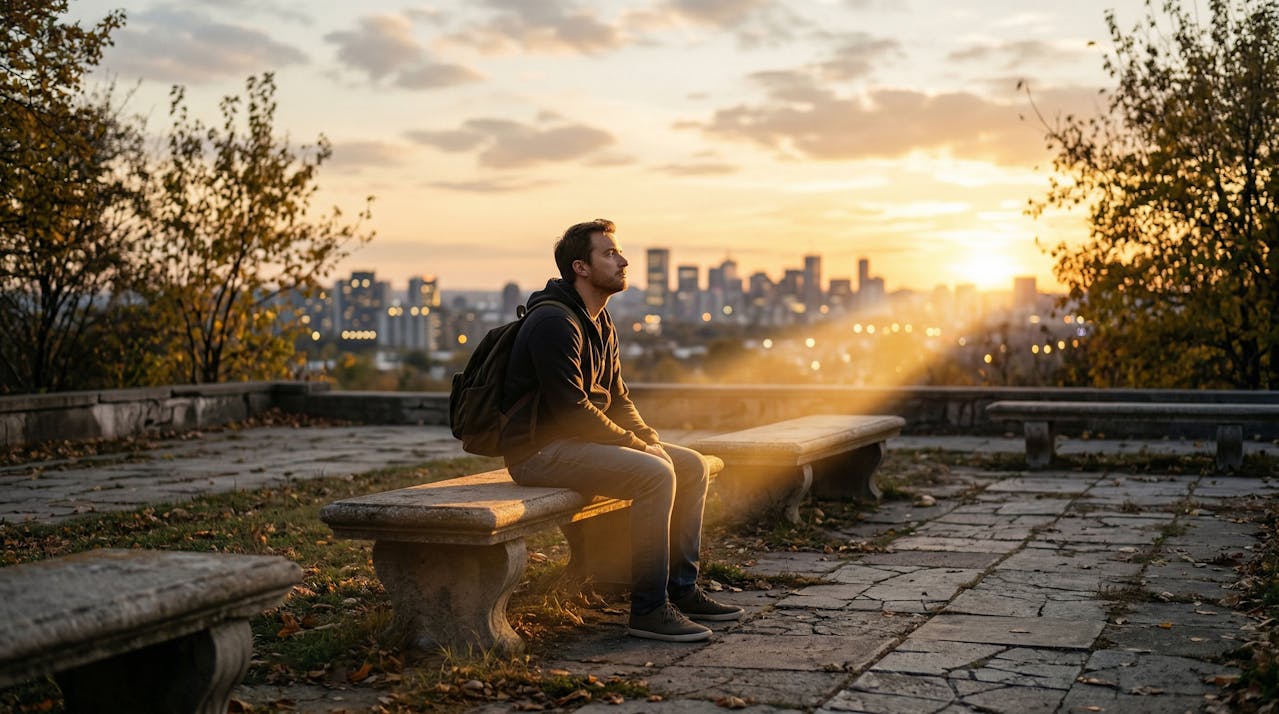Pessoa sentada sozinha ao pôr do sol, olhando para o horizonte
